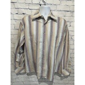 Linea Dome Shirt Men's Cream Purple Yellow Striped Button Up, Long Sleeve Medium
